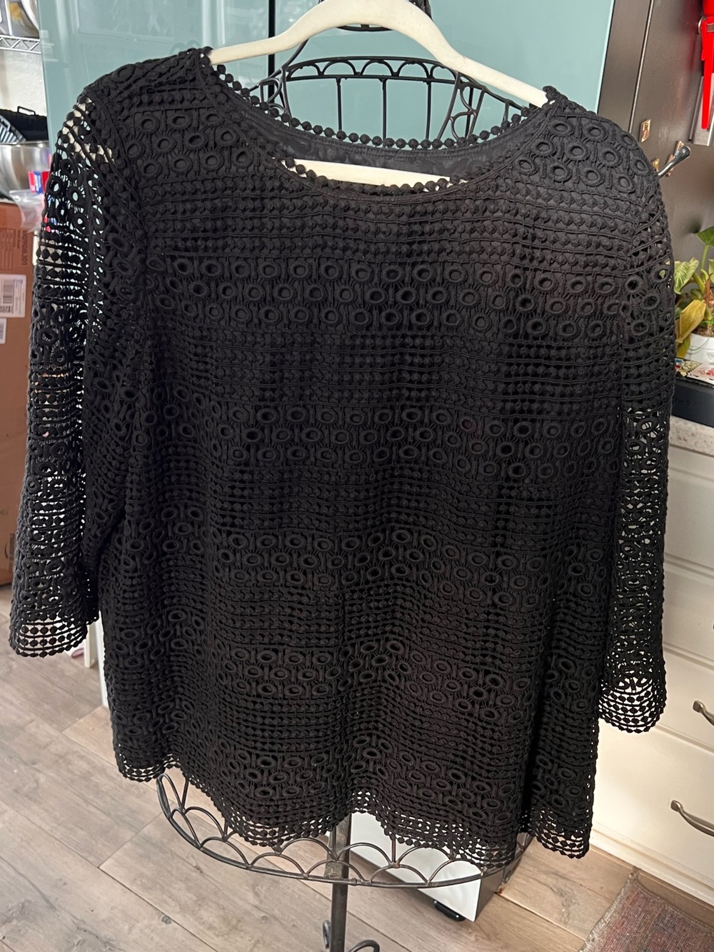 🖤 Pristine Talbots Woman 2X Black Eyelet Lace Crochet 3/4 Sleeve Top